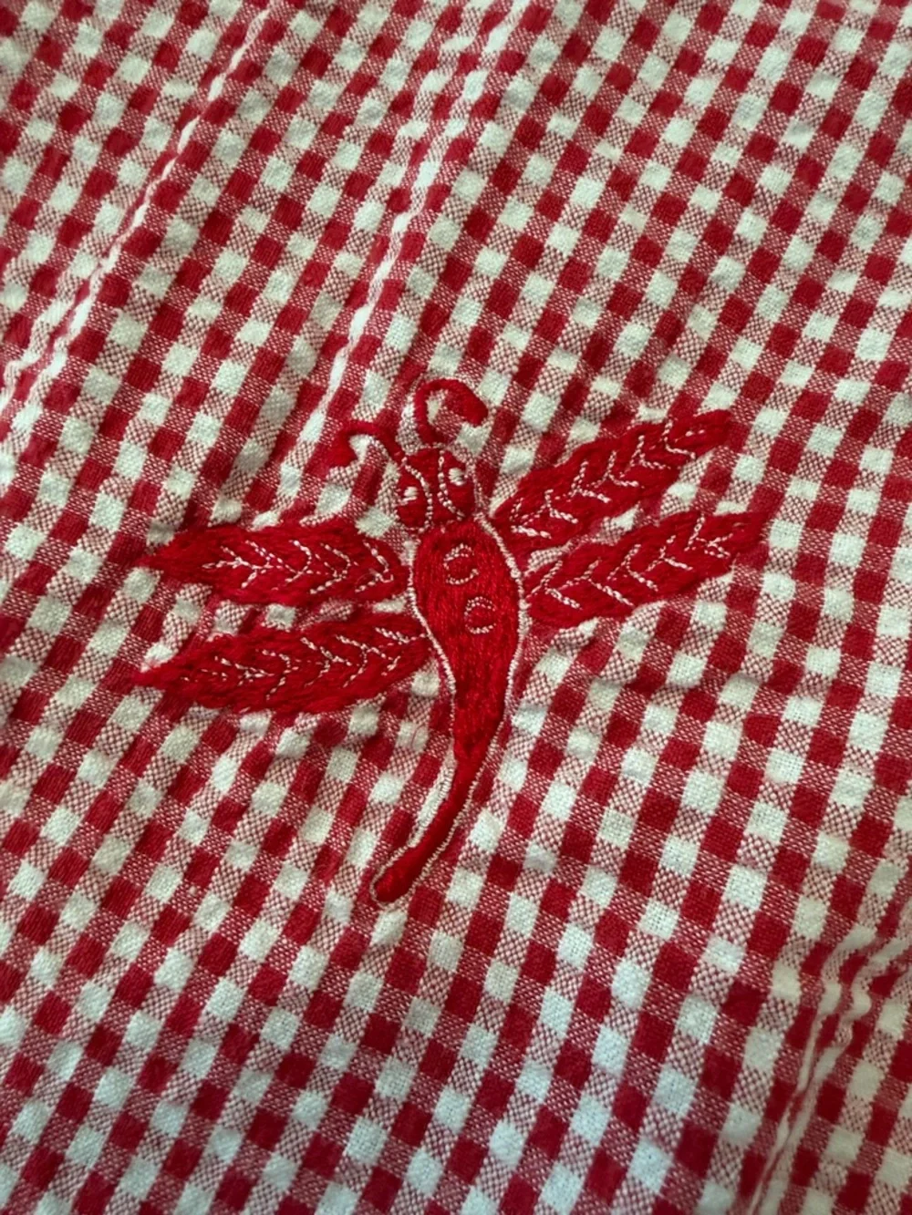 Vintage April Cornell Red Gingham Dragonfly Tablecloth Floral Hem & Four Napkins